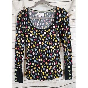 Vintage 90s Lilka Thermal Waffle Knit Top L Y2K Floral Black Scoop Neck